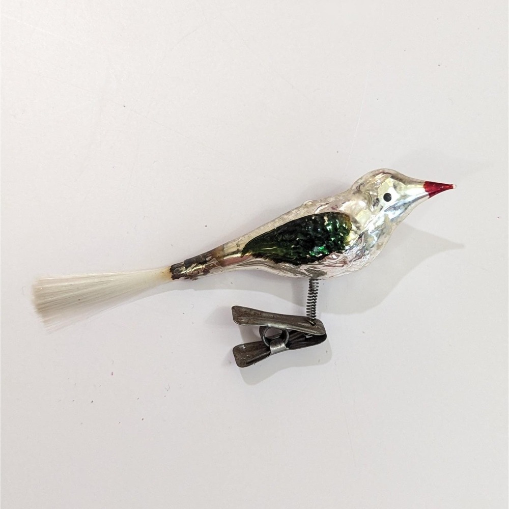Vtg Mercury Bird Spun Glass Tail Clip On Christmas Ornament (loose tail)